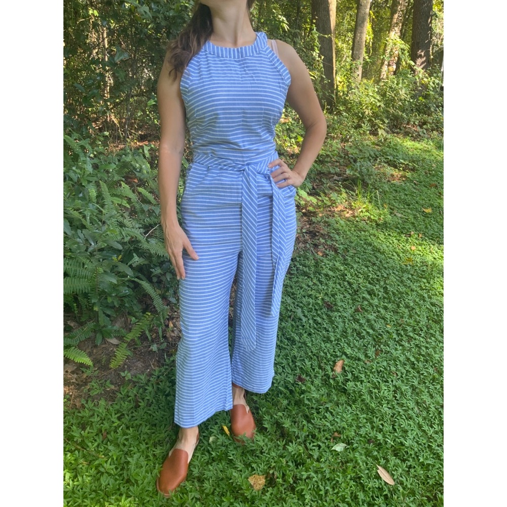 Blue and white striped jumpsuit - size small